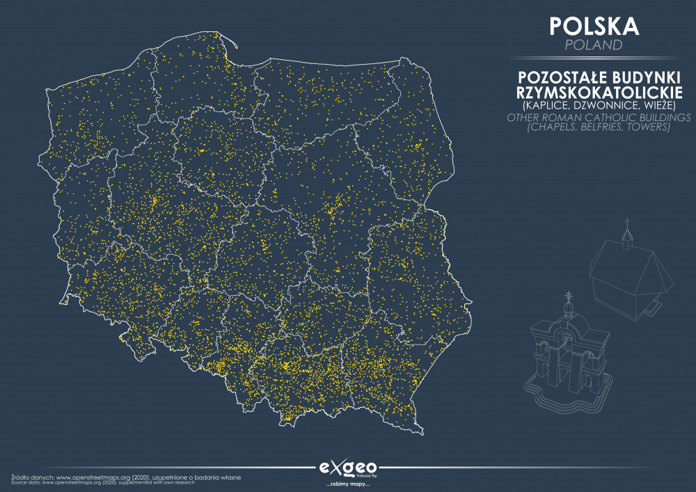 mapa religijna, mapa kościołów, kościoły w Polsce, kaplice, dzwonnice, wieże, chrześcijaństwo, exgeo, kartografia
